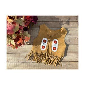 Handmade Suede Leather Vest Floral Beadwork Fringe Chest Tie Closure Youth 2T-4T